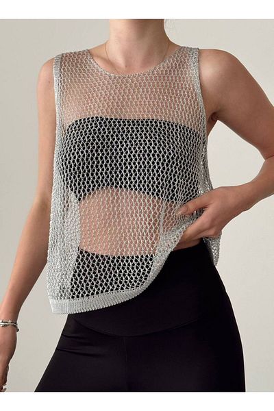disponible Shiny Thread Knitted Sleeveless Women's Mesh Blouse