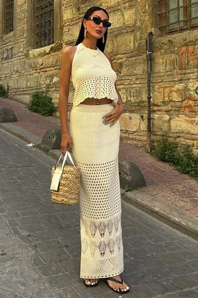 RICHMOST Hair Braid Detailed and Back Low-Cut Tight-Fitting Unlined Women's Openwork Skirt Suit Ecru 2 Pieces