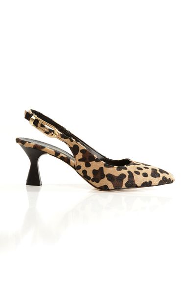 Ayakkabı Podyumum '' Dai̇si̇'' Leopard Pointed Toe Back Open Large Buckle 5 cm Goblet Heel New Season