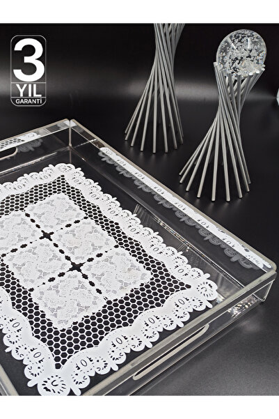 Nisba Ticaret Gümüş Dantelli Şeffaf Pleksi Söz Nişan Tepsisi | Çeyizlik Kahve Sunum Tepsisi