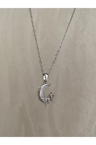 Petek Collection Butterfly Detailed Steel Moon Necklace (Silver Color)