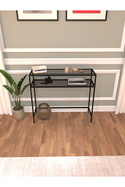 UYGAMO Sole Metal Dresuar Dekoratif Çok Raflı Kahve Köşesi Konsol Siyah Füme Cam