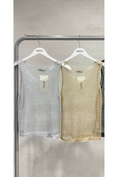 disponible Shiny Thread Knitted Sleeveless Women's Mesh Blouse