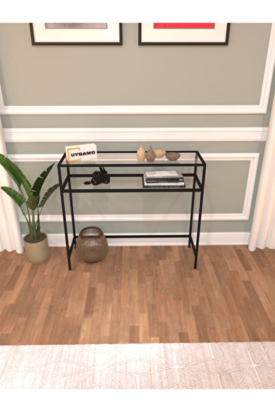 UYGAMO Sole Metal Dresuar Dekoratif Çok Raflı Kahve Köşesi Konsol Siyah Şeffa...