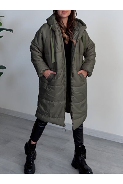 HİJABAYA Kapşonlu Bağcık Detaylı Fermuarlı Şişme Mont