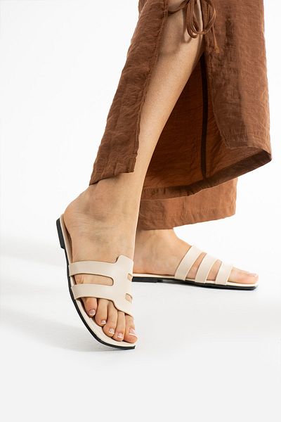 Moda Devrin Beige Piping Women's Slippers Home and Outdoor Slippers