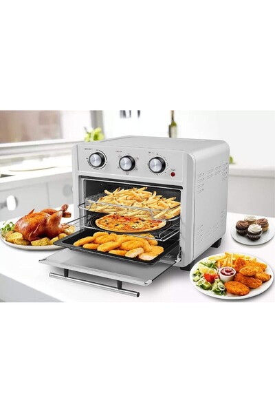 JEC فرن قلاية هوائية سعة 22 لترًا، 1500 واط، 6 سخانات، شواية دوارة، سلة دوارة...