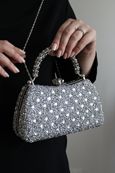 Mimoza Double Sided Sparkling Evening Dress Bag with Flower Buckle and Carved Stone Handle