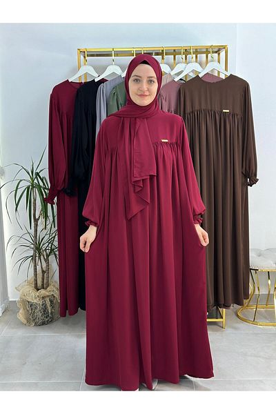 erasra class Shawl and Top Robe, Belted Dress Set. Hijab, Abaya (Suitable for Hajj and Umrah) Burgundy