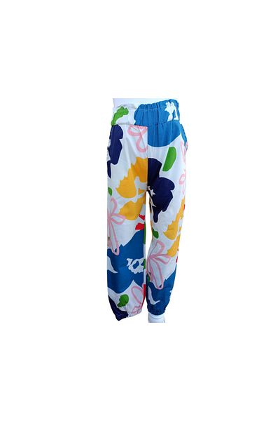 fancykidsantalya Girl's Alaca Patterned Multicolored Ecru Trousers with Elastic Waist and Legs 100% Cotton