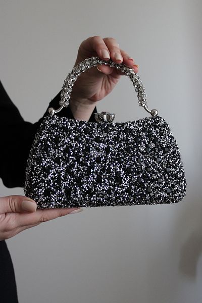 Mimoza Double Sided Sparkling Evening Dress Bag with Flower Buckle and Carved Stone Handle