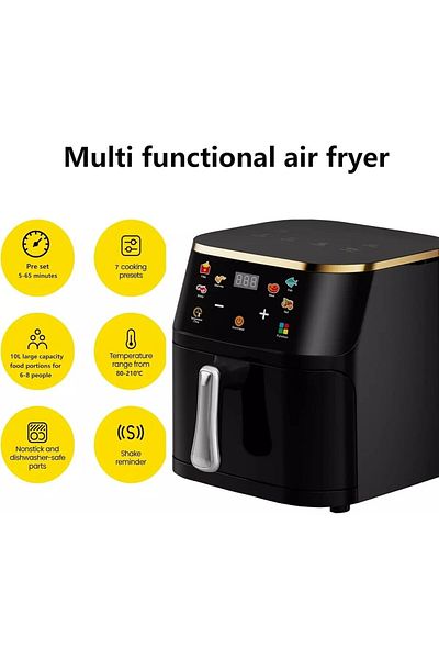 Generic Multifunctional Air Fryer 10L, 1600W, Presets, Temp Control, Oil-Free, Dishwasher Safe, Black
