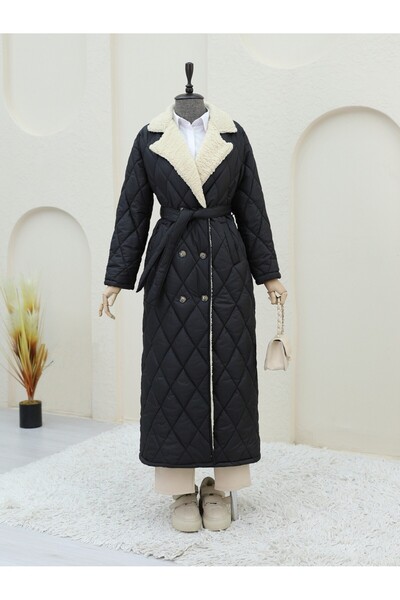 HİJABAYA Buttoned Front Collar Fur Lined Quilted Coat