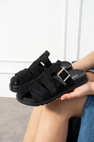 DESPİNA Women's Black Suede Buckle Knitted Strap Slippers |   Comfortable Sole Daily Summer Slippers