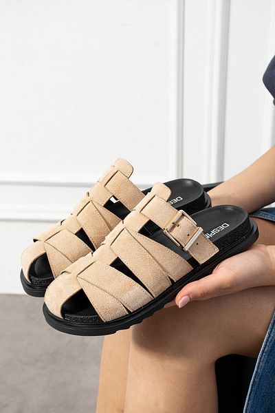 DESPİNA Women's Camel Suede Buckle Knitted Strap Slippers |   Comfortable Sole Daily Summer Slippers