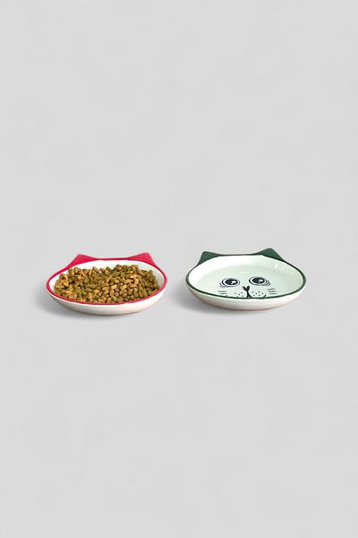 DodoJoy 2 Pieces Ceramic Food and Water Bowl with Cat Ears Pattern Inside Aesthetic Food Bowl Easy to Clean