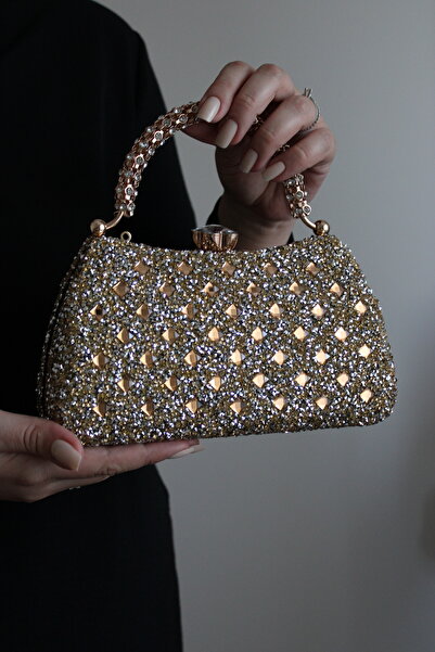 Mimoza Double Sided Sparkling Evening Dress Bag with Flower Buckle and Carved Stone Handle