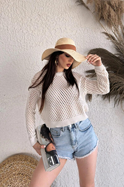 Kadın Krem Ajurlu Basic Triko Bluz