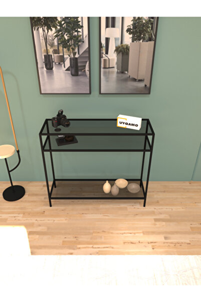 UYGAMO Huka Metal Dresuar Dekoratif Çok Raflı Kahve Köşesi Konsol Siyah Füme Cam