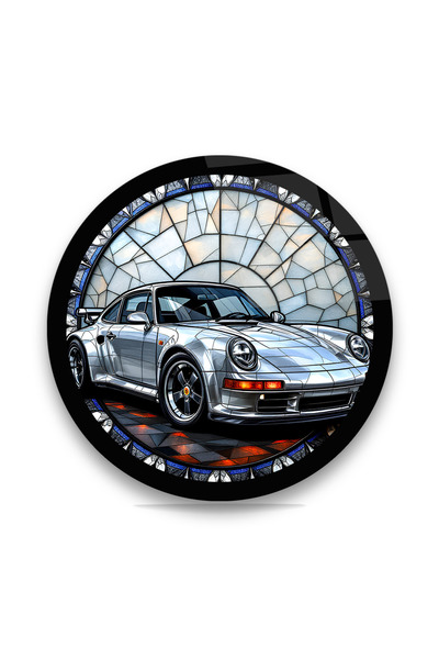 DuruGlassArt Vitray Desenli Porsche - Sanatsal Yuvarlak Cam Tablo