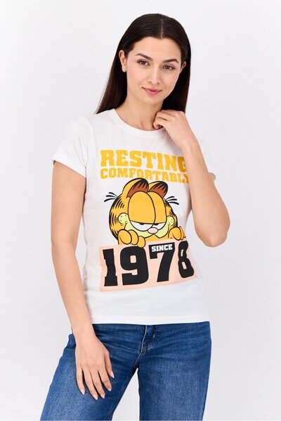 NİCKELODEON تي شيرت غارفيلد نسائي بأكمام قصيرة ورقبة دائرية، أبيض