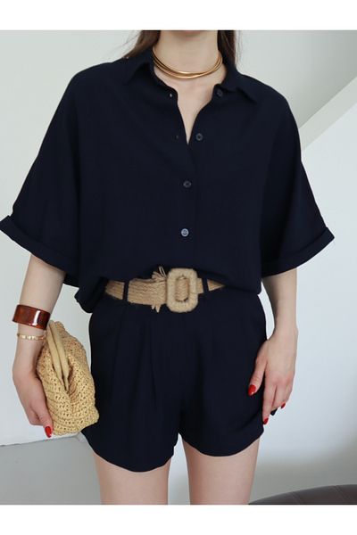 Ekim Store Raw Linen Straw Belted Shirt Shorts Set