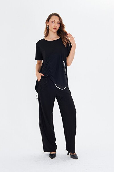 LAMANTE BÜZGÜ DETAY YARIM KOLLU SİYAH BASIC BLUZ