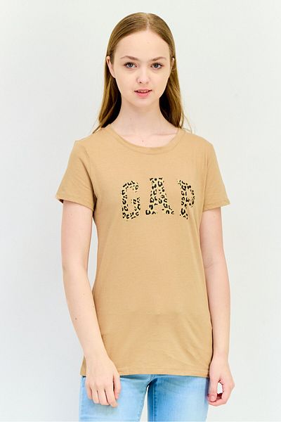 GAP Women Crew Neck Short Sleeve Graphic Print T Shirt, Tan