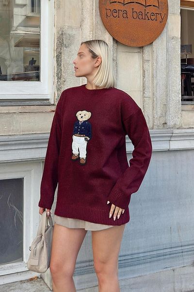 KURGAN TEKSTİL Süzene Bear Embroidered Crew Neck Women's Knitwear Sweater