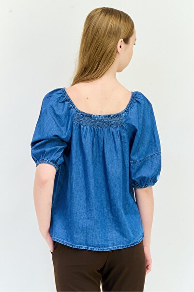 GAP Women Square Neck Puff Sleeve Washed Top, Blue