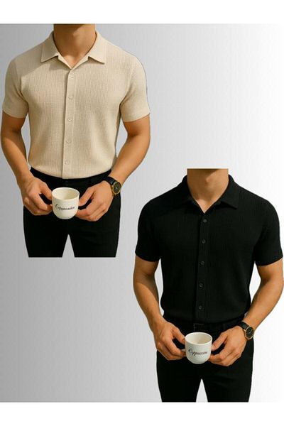 LC Waikiki Advantageous Pack of 2 100% Cotton Waffle Fabric Non-Ironing Short Sleeve Men's Summer Shirt