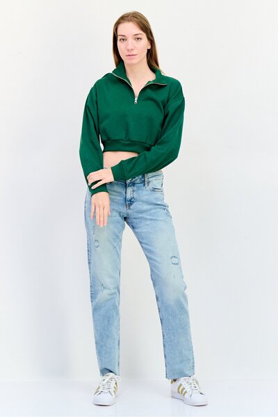 Levi's Women Half Zip Solid Long Sleeve Sweatshirt, Green