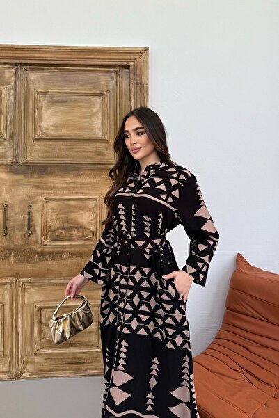 Mezka Kadın Etnik Desenli Kahve Uzun Kol, Kemerli Cepli, Uzun Viskon Gömlek Elbise