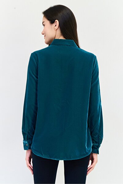 GAP Women Spread Collar Long Sleeve Velvet Shirt, Dark Green