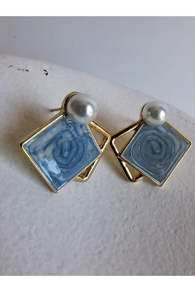 BHR AKSESUAR Blue Pearled Pearl Square Earrings