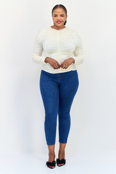 collusion Women Plus Size V Neck Long Sleeves Plain Top, Off White