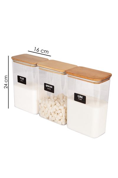 naturelove 3-Piece Wooden Vacuum Lid Acrylic Flour Salt Sugar Storage Jar Container and Box 3 Liters with Label