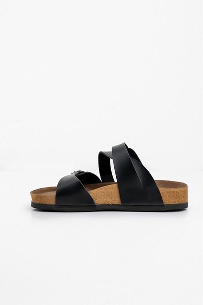Blyss Women's Black Skin Leather Double Cross Detail Cork Sole Buckle New Season Slippers