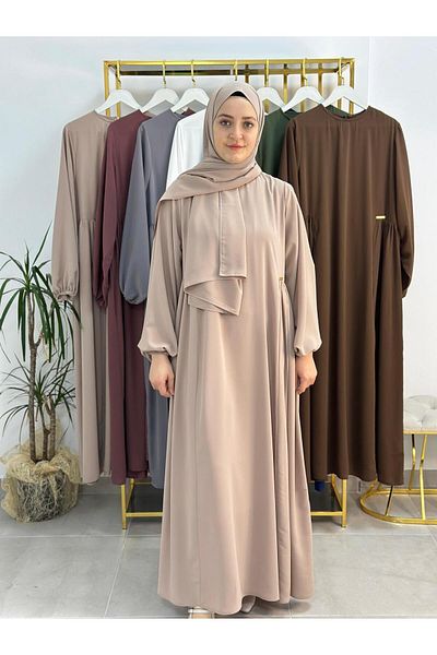 erasra class Μπεζ χρώμα με σάλι Hijab σετ φορέματος με μαζεμένο στο πλάι - Jilbab, Abaya, Hijab (για Hajj και Umrah)