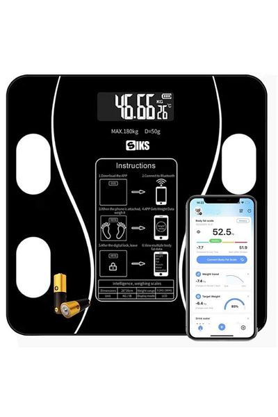 SIKS Smart Electronic Bathroom Scale, Smart Application, Thermometer, Max 180 Kg, Batteries, Black