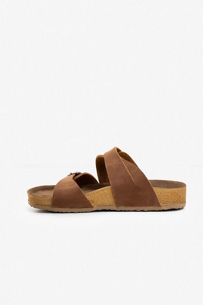 Blyss Women's Tan Nubuck Leather Double Cross Detail Cork Sole Buckle New Season Slippers