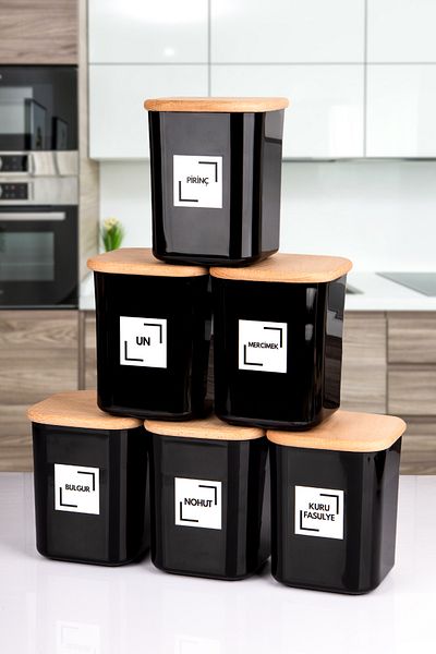 naturelove 6 Pcs 900 ml Black Wooden Vacuum Sealed Lid Acrylic Storage Jar Container and Box 900 ml with Label