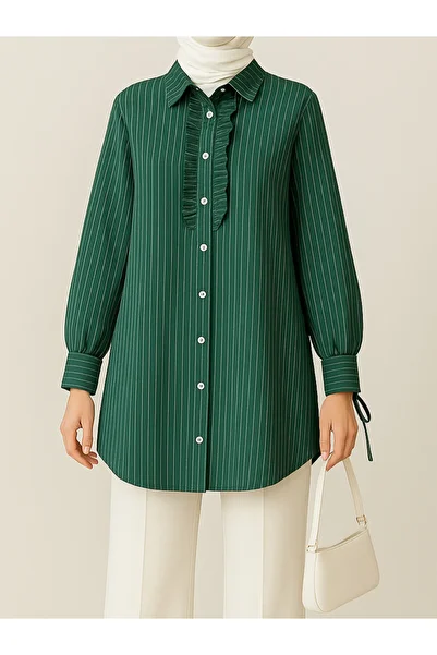 HİJABAYA Lace-Up Front Ruffled Striped Shirt Tunic