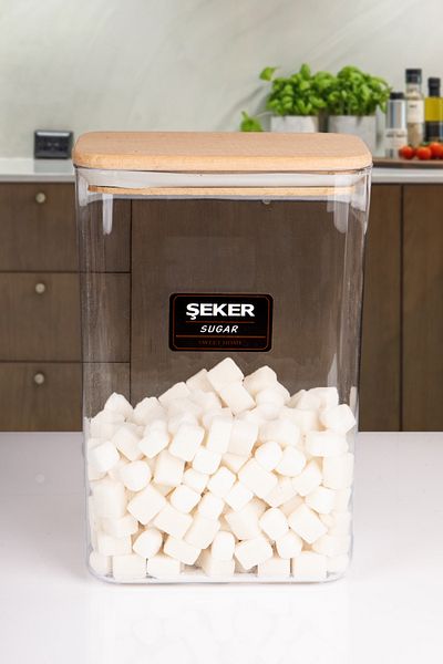 naturelove Acrylic Candy Storage Jar with Wooden Vacuum Lid Storage Container and Box 3 Liters with Label