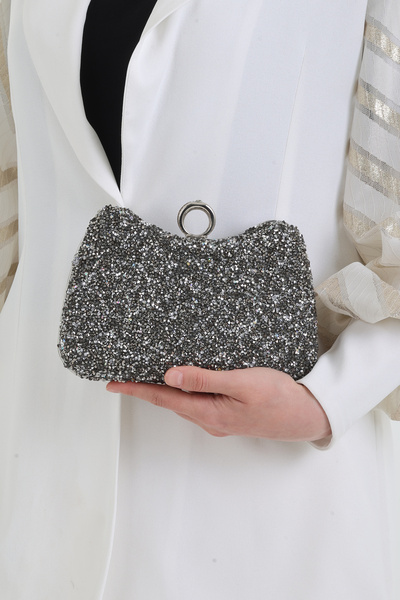 H&D COLLECTİON Colorful Stone Women's Stone Embroidered Stylish Ring Detailed Arm and Shoulder Evening Dress Bag