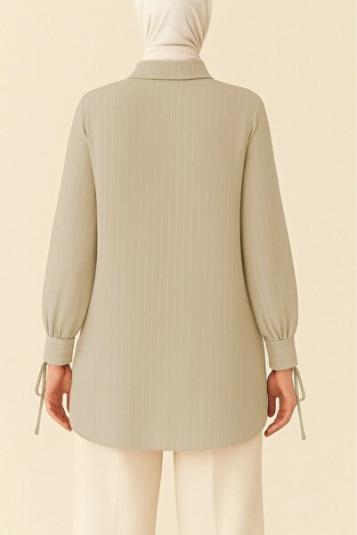 HİJABAYA Lace-Up Front Ruffled Striped Shirt Tunic