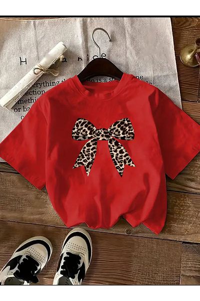 ModaSphere Basic T-Shirt with Leopard Pattern and Ribbon Detail