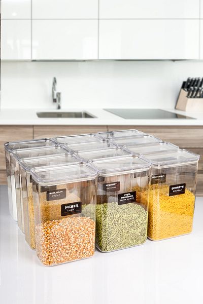 naturelove 12'Li̇ Vacuum Lid Acrylic Erzak Storage Jar Container and Box 3 Liters with Label