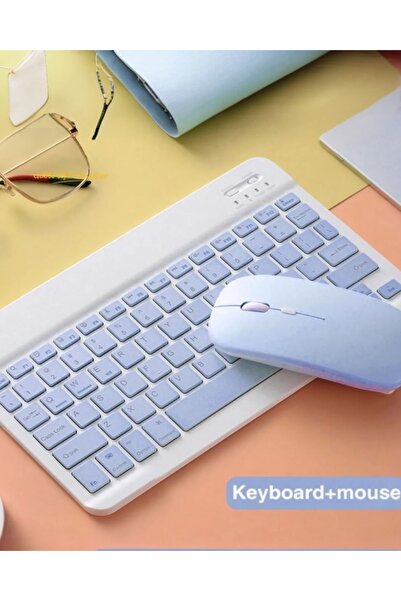 KILIF HOUSE Ipad Samsung Huawei Tablet Laptop PC Uyumlu Renkli Bluetooth Bağlantılı Klavye+Mouse Set