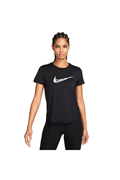 Nike Dri-Fit Swoosh Running Standart Kesim Siyah Kadın Spor Tişört